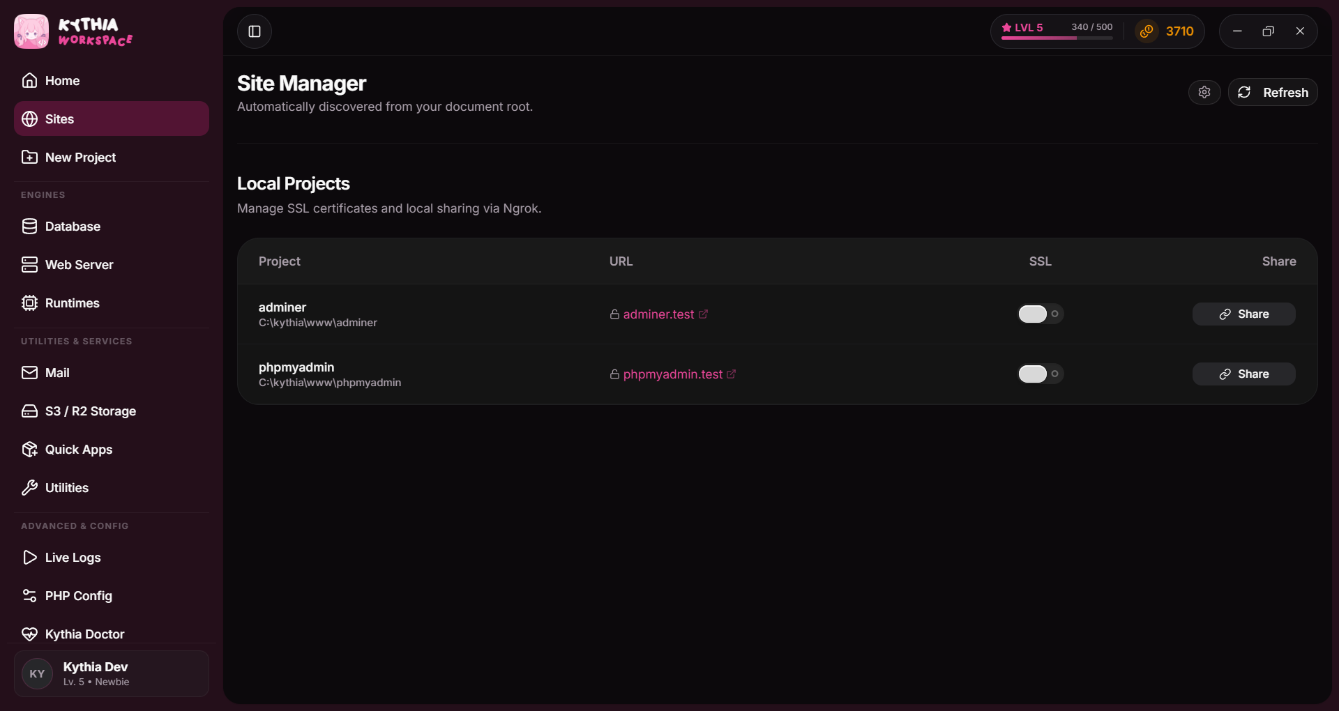 Kythia Sites Manager Preview